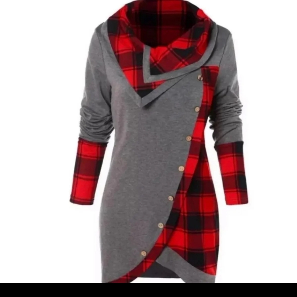 Red black gray cowl neck tunic